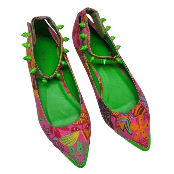 Pointed Toe Floral Flats w/ Green Studded Ankle Straps Women’s 9 New - Picture 10 of 11